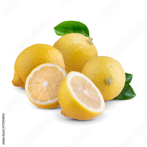 Fresh Yellow Lemon and Yellow Lemon slices isolated on a transparent background