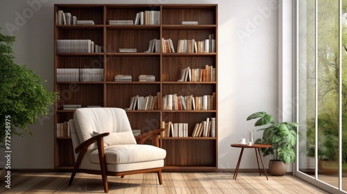A white chair sits in front of a large wooden bookcase
