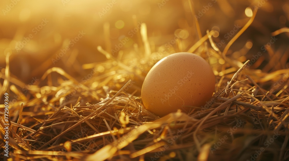 Single egg nestled in straw at golden hour Single egg nestled in straw at golden hour