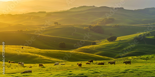 landscape with mountains, A image of the countryside during golden hour with rolling hills, grazing livestock, and warm sunlight casting long shadows