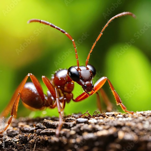  Intimate capture of a forest ant, its eyes and head sharply focused amidst a colorful backdrop.