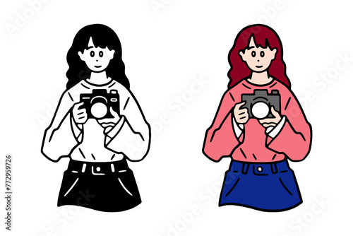 カメラを構え微笑む女性のイラスト素材