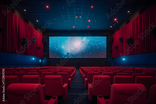 A Captivating View of Empty Cinema House with Bright Screen Display
