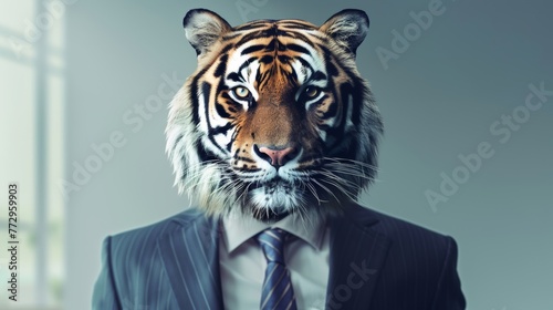 Tiger head on businessman body - concept of power and leadership photo