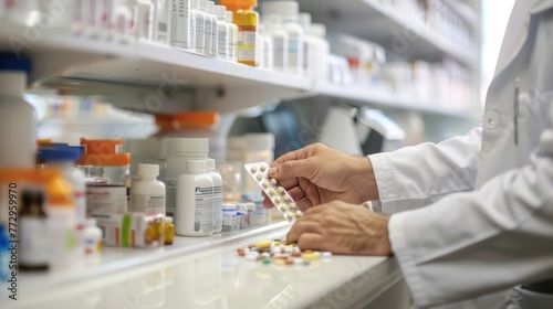 A pharmacist counting pills and filling a prescription. 