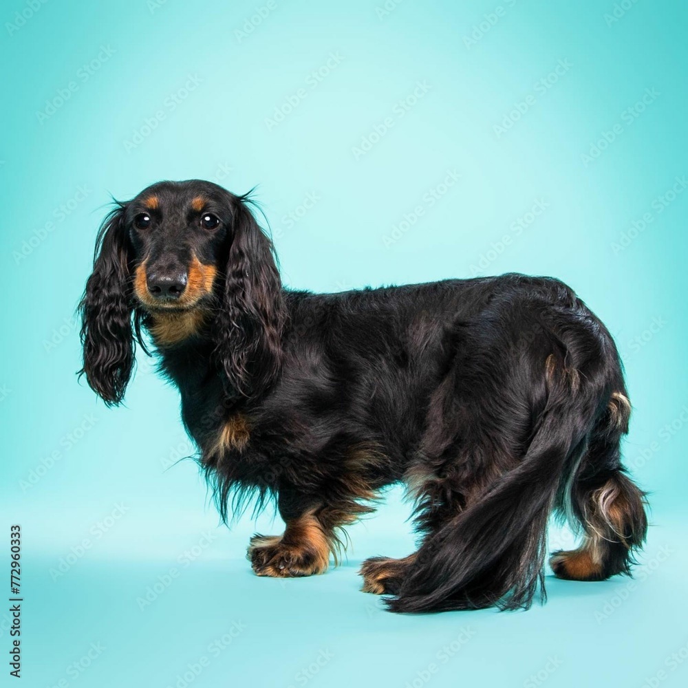 Beautiful dachshund  dog isolated on turquoise background. looking at camera .front view.dog studio portrait.happy dog .dog isolated .puppy isolated .puppy closeup face,indoors.cute puppy isolated .