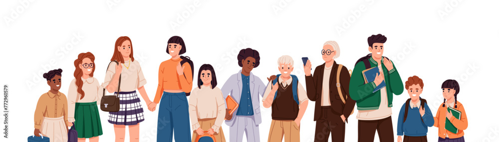 Row of happy children of different stages, grades, ages. Group of classmates from elementary, middle and high school. Diverse pupils, students on banner. Flat isolated vector illustration on white