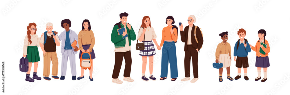 Happy students of elementary, middle and high school set. Groups of classmates, friends of different stages, grades, ages. Children with backpacks stand. Flat isolated vector illustration on white Happy students of elementary, middle and high school set. Groups of classmates, friends of different stages, grades, ages. Children with backpacks stand. Flat isolated vector illustration on white