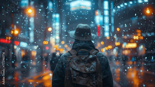 Man in hat facing city lights on a snowy evening