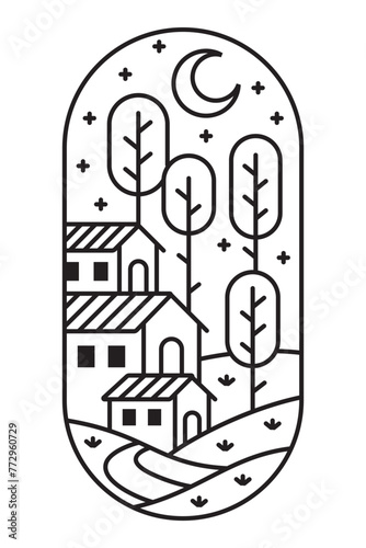 beautiful view of the house and hills line art illustration