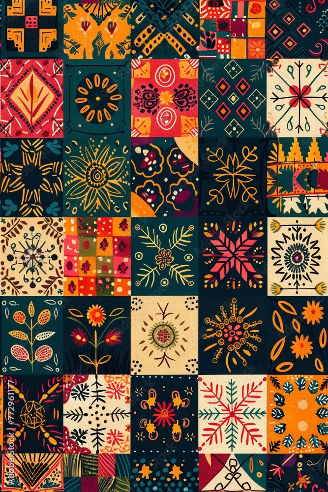 A pattern wallpaper of Bangladeshi Nakshi Kantha: Hand-stitched quilt patterns in colorful threads