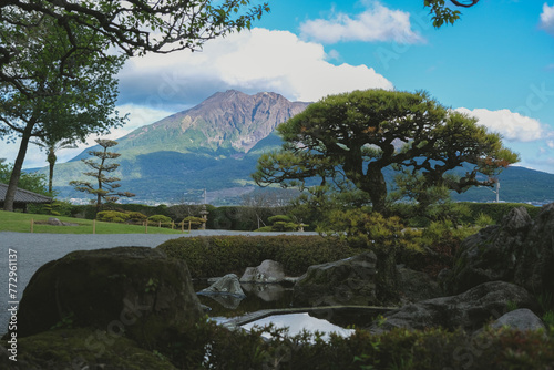 Sengan-en Japanese garden with former Shimazu clan residence in Kagoshima Prefecture, Japan. Place of scenic landscape beauty with Shōko Shūseikan Meji Revolution Sakurajima lookout volcano view photo