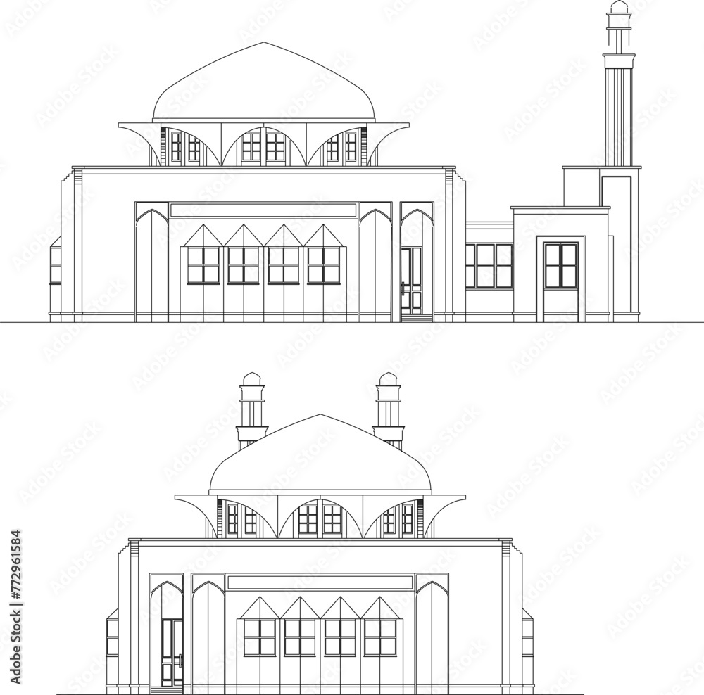 Adobe Illustrator Artwork vector design sketch illustration, architectural engineering drawing of a mosque, a place of worship for Muslims 