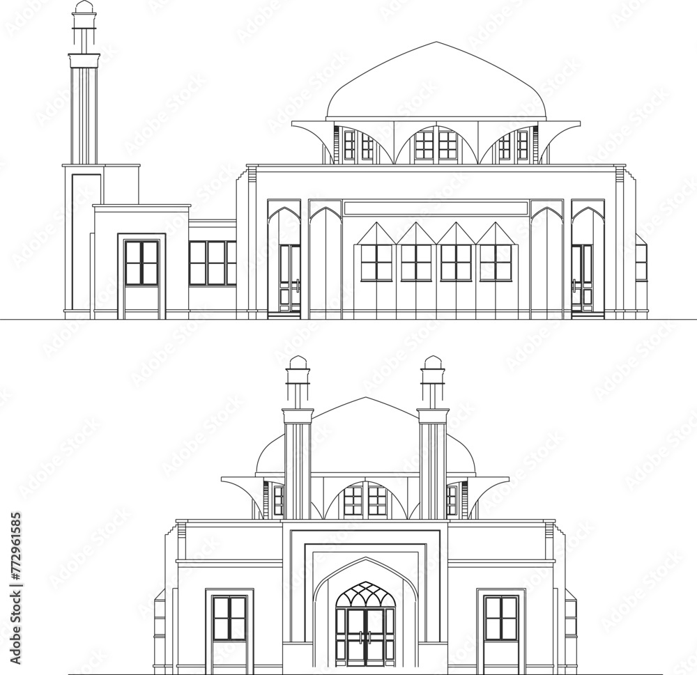 Adobe Illustrator Artwork vector design sketch illustration, architectural engineering drawing of a mosque, a place of worship for Muslims