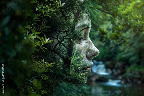 April Showers - A woman's face is depicted in a tree, surrounded by leaves and water droplets, symbolizing the beauty of nature during the rainy season. Generative AI