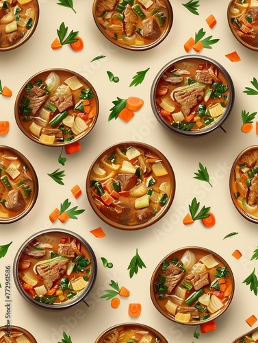 A pattern wallpaper of Polish bigos Pots of stew with meat and cabbage in a hearty, traditional pattern