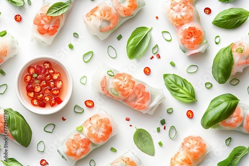A pattern wallpaper of Vietnamese spring rolls Fresh spring rolls with dipping sauce in a light arrangement