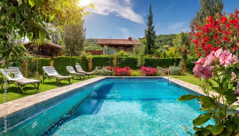 Oasis of Serenity: Swimming Pool Amidst a Beautiful Garden