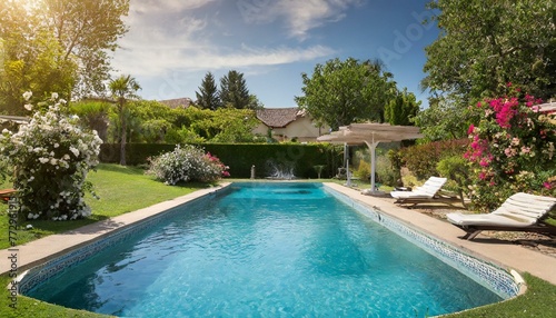 Oasis of Serenity  Swimming Pool Amidst a Beautiful Garden  background 