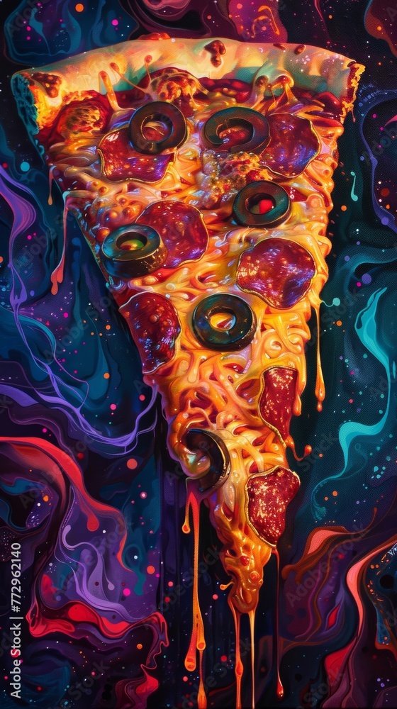 Colorful melting pizza slice with vibrant cosmic background Colorful melting pizza slice with vibrant cosmic background
