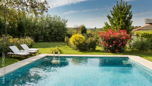 Oasis of Serenity: Swimming Pool Amidst a Beautiful Garden" background  © Albaloshi