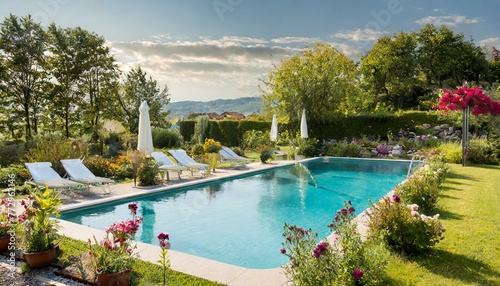 Oasis of Serenity: Swimming Pool Amidst a Beautiful Garden" background 