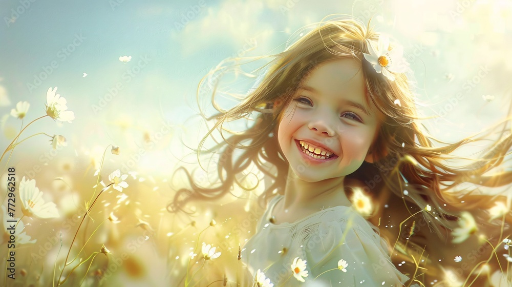 Fototapeta premium Smiling Girl in a White Dress, Flower Field Background Generative AI