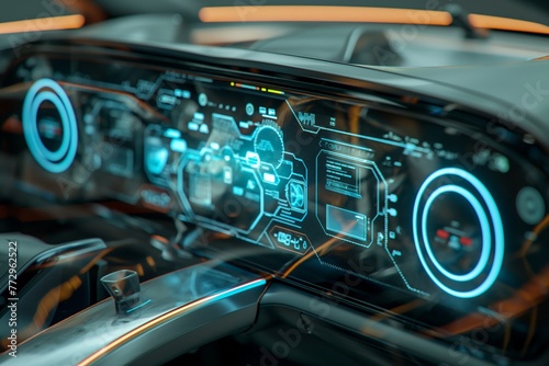 Close-up of an advanced vehicle dashboard featuring holographic technology and digital displays. © cherezoff