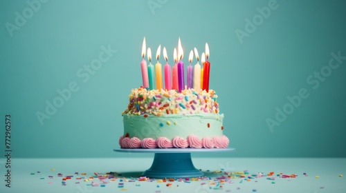 A colorful birthday cake with lit candles on top photo
