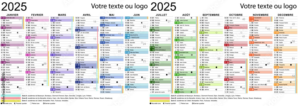 Modèle de calendrier 2025 avec  saints, fêtes et vacances scolaires pour impression - Textes vectorisés et non vectorisés sur calques séparés

