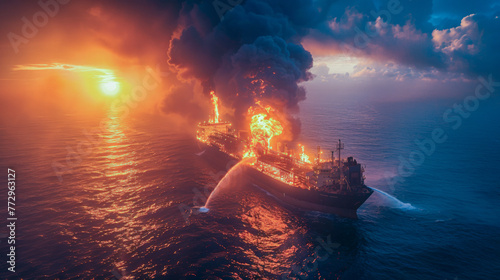 Environmental disaster at sea. A burning oil tanker in the sea. photo
