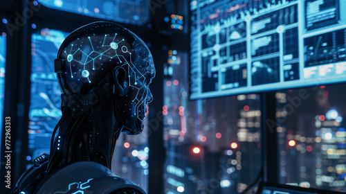 Artificial intelligence AI helps analyze data on computer screens. © Ekkarat_Studio