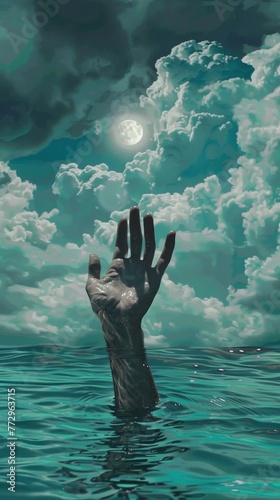 Surreal image of a hand reaching out from water under a cloudy sky