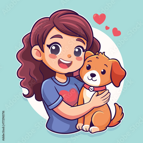 Illustrate a heartwarming scene of a girl wearing an adorable t-shirt  affectionately carrying her loyal pappy dog  creating a delightful sticker that radiates love and companionship