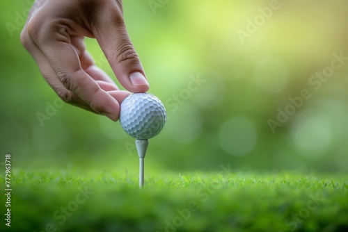 Close-up of hand gently placing a white golf ball on the tee, with a blurred green background signaling readiness to play. photo