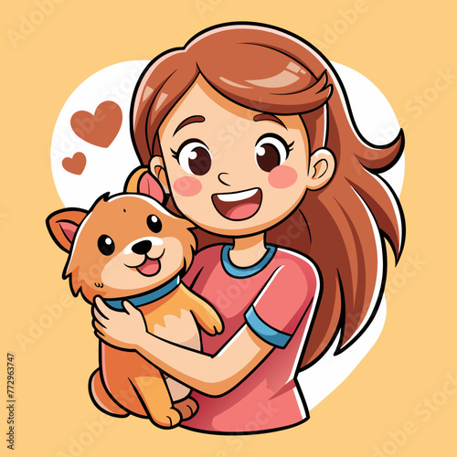 Illustrate a heartwarming scene of a girl wearing an adorable t-shirt  affectionately carrying her loyal pappy dog  creating a delightful sticker that radiates love and companionship