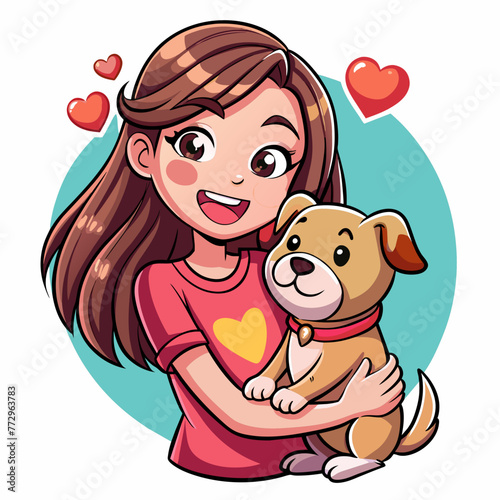 Illustrate a heartwarming scene of a girl wearing an adorable t-shirt, affectionately carrying her loyal pappy dog, creating a delightful sticker that radiates love and companionship