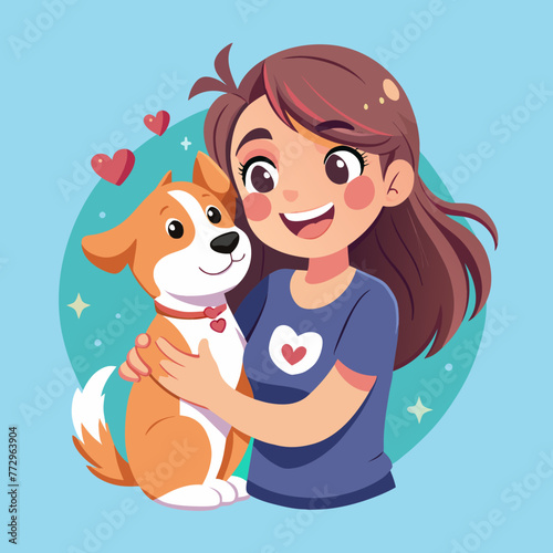 Illustrate a heartwarming scene of a girl wearing an adorable t-shirt, affectionately carrying her loyal pappy dog, creating a delightful sticker that radiates love and companionship