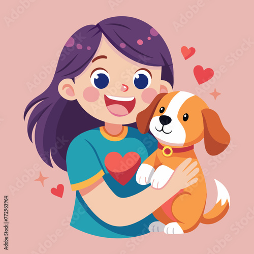 Illustrate a heartwarming scene of a girl wearing an adorable t-shirt, affectionately carrying her loyal pappy dog, creating a delightful sticker that radiates love and companionship