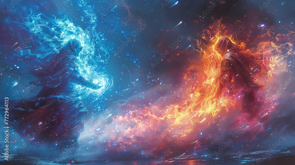 An Elementalist manipulating fire and ice in a duel with an Alchemist An Elementalist manipulating fire and ice in a duel with an Alchemist