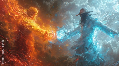 An Elementalist manipulating fire and ice in a duel with an Alchemist © Sataporn