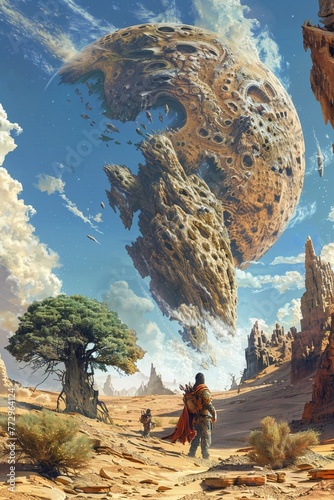 An Elementalist and an earth elemental sculpting landscapes in a barren desert photo