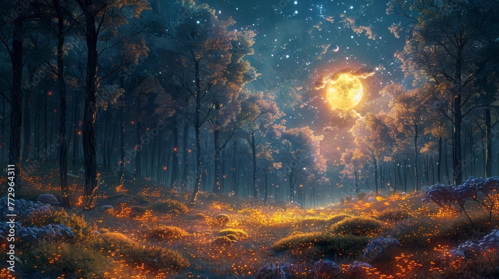 Enchanted forest scene with glowing elements and magical atmosphere