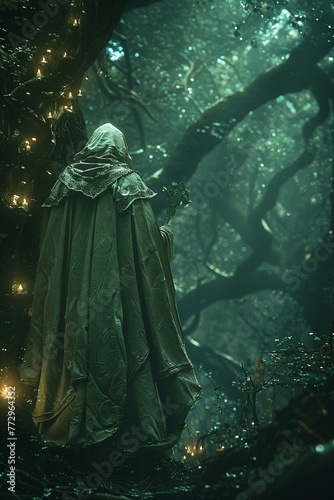 Cleric illuminating a cursed forest, revealing hidden paths and sanctuaries