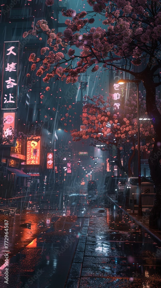 Melancholic, bitter-sweet neon sunset. Cyberpunk. City. Sakura blossom. Rain