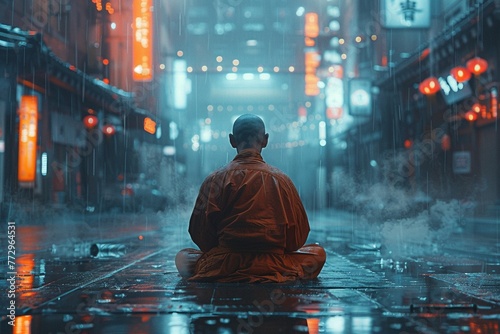 Monk meditating before unleashing a flurry of martial arts moves on thieves