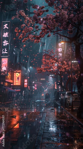 Melancholic, bitter-sweet neon sunset. Cyberpunk. City. Sakura blossom. Rain