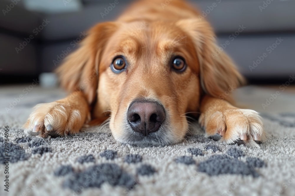 A pretty portrait captures a cute golden retriever resting peacefully on a carpet indoors.