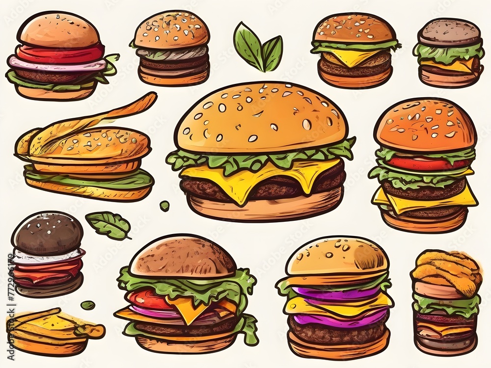 Hand-Drawn Gourmet Burgers Cheese Lettuce Tomato Sesame Seed Bun Hand-Drawn Gourmet Burgers Cheese Lettuce Tomato Sesame Seed Bun