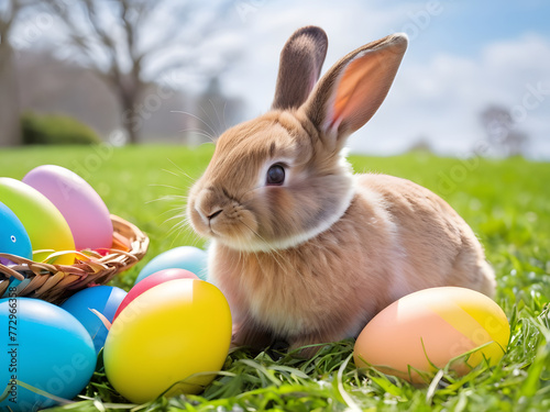Happy easter bunny in easter meadow with eggs and copy space